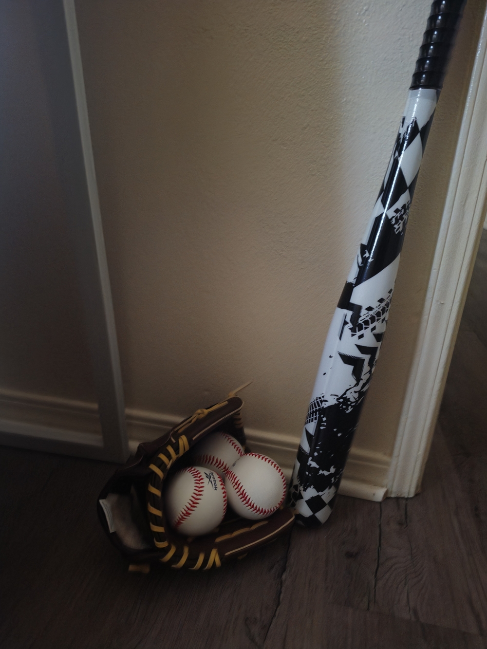 Youth Baseball Bat and Glove Set in White and Black with Brown Glove